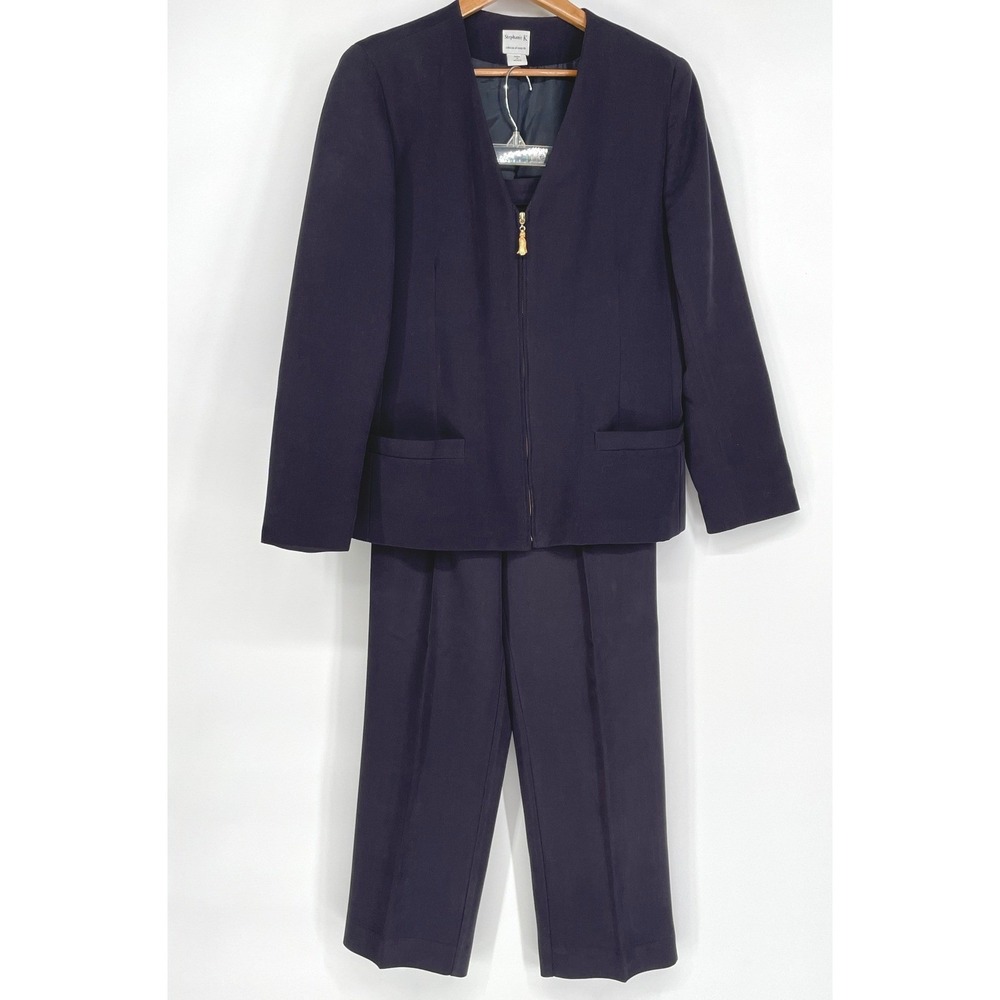 Stephanie K By Koret Women Pant Suit 10 2-Pc Navy Blue Zip Front Tassel Blazer